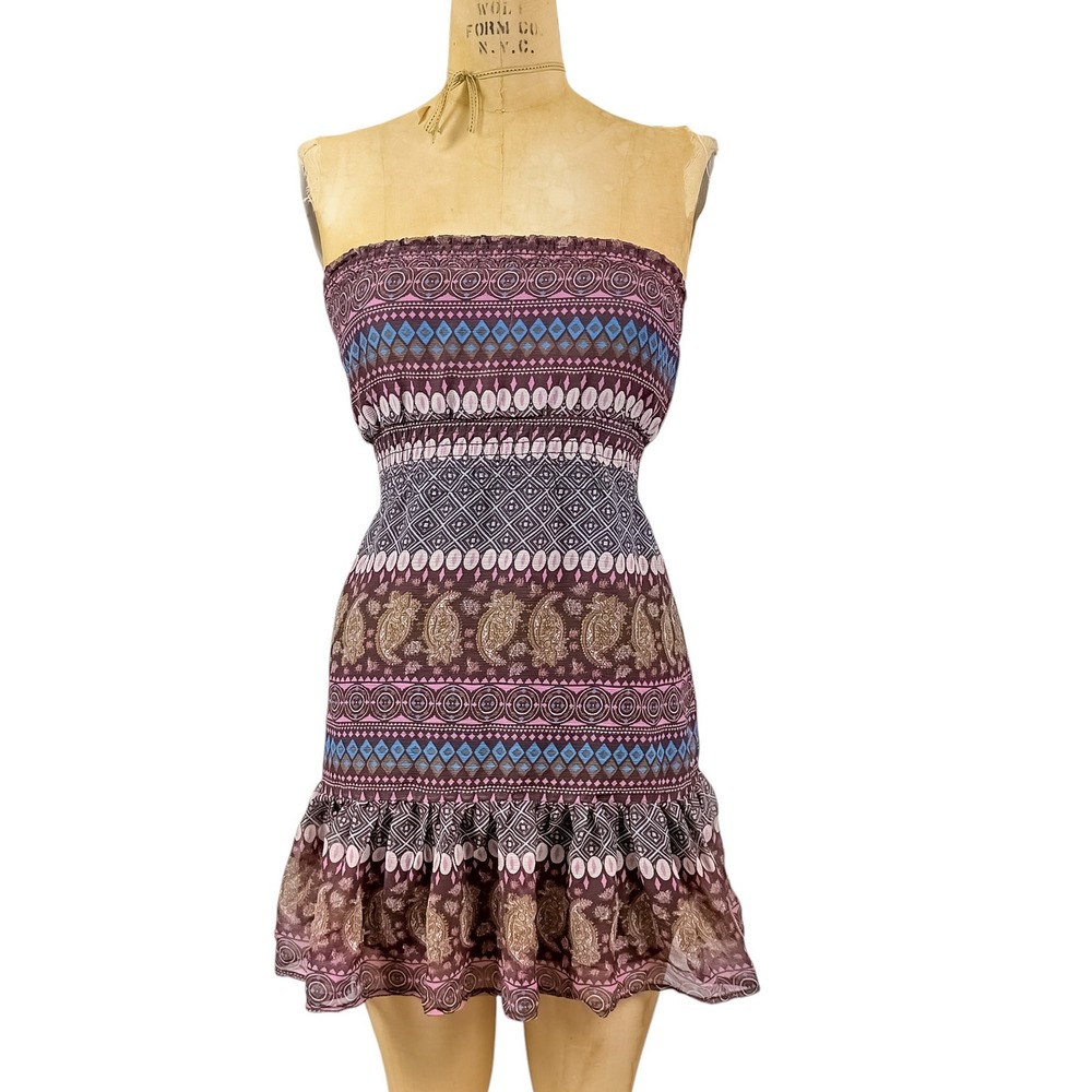 Y2K Deb Boho Paisley Smocked Mini Dress Strapless Ruffle Hem Festival Fairy Sz S